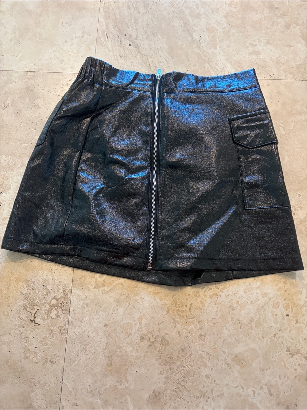 Black Faux Leather Mini Skirt with Front Zip and Pocket